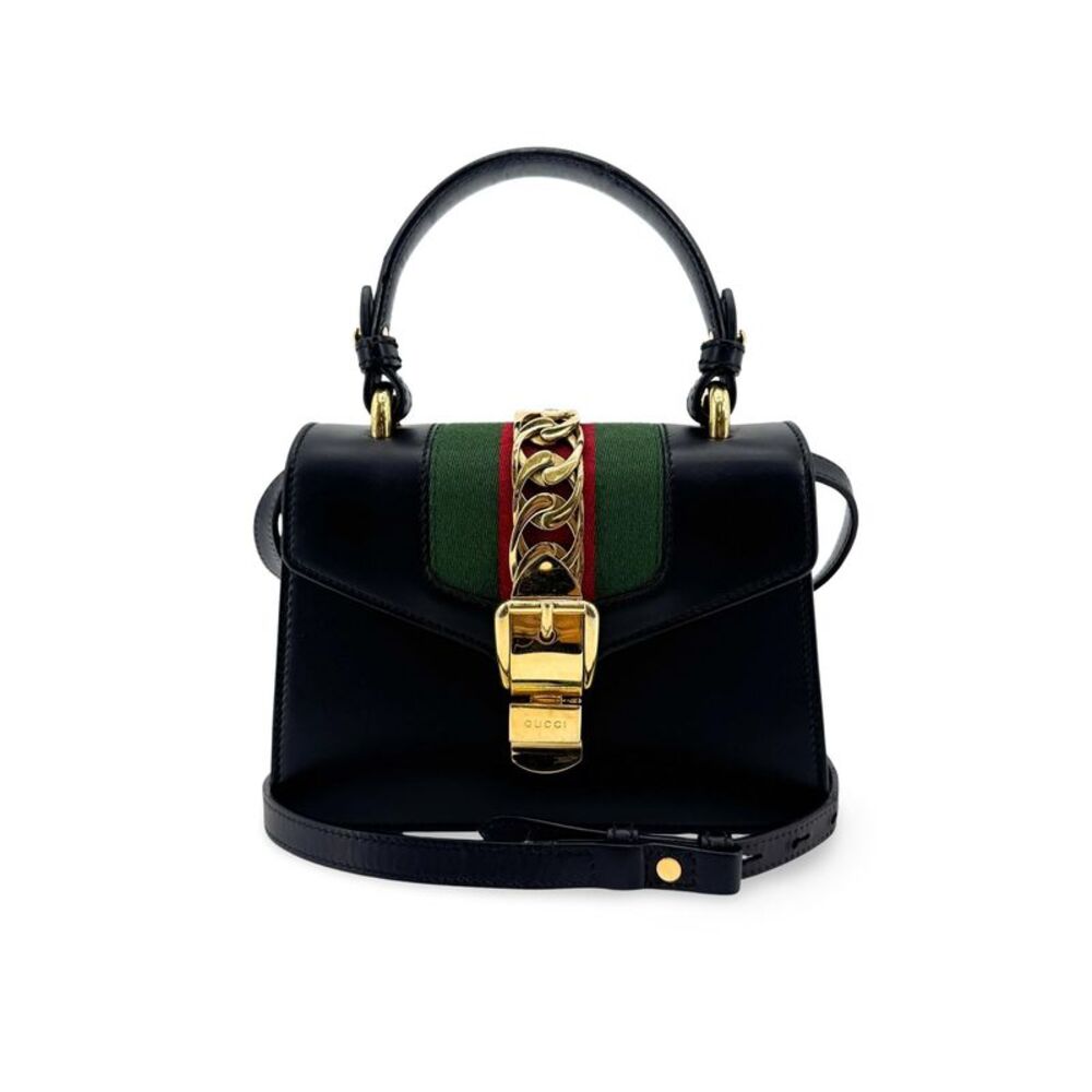 Gucci Sylvie Mini Top Handle Crossbody Bag Black Gold Hardware